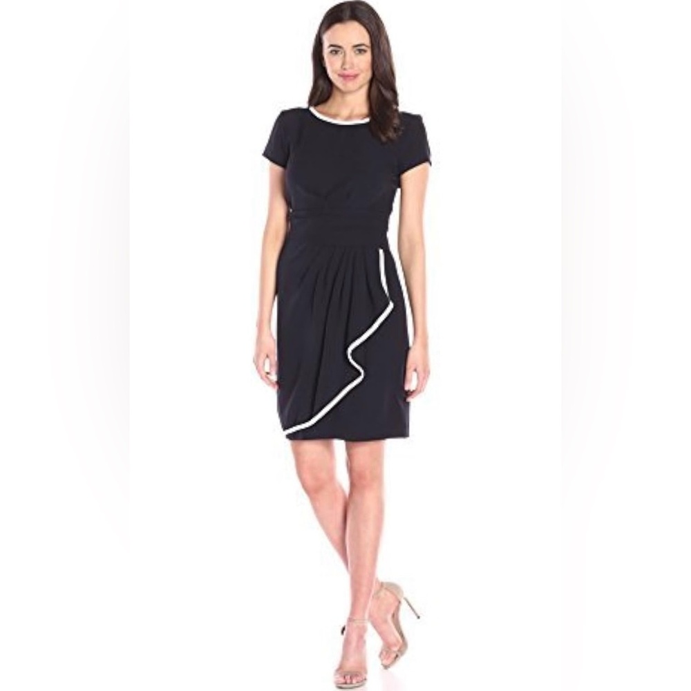 SANDRA DARREN Navy-Blue Dress White Trim Faux Wrap Office Career Size 12 NWOT